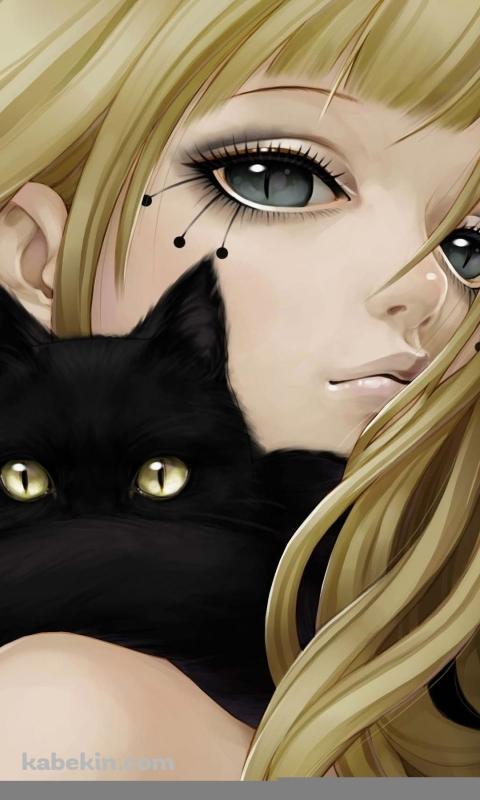 黒猫とブロンドの少女のAndroidの壁紙(480px x 800px) スマホ用
