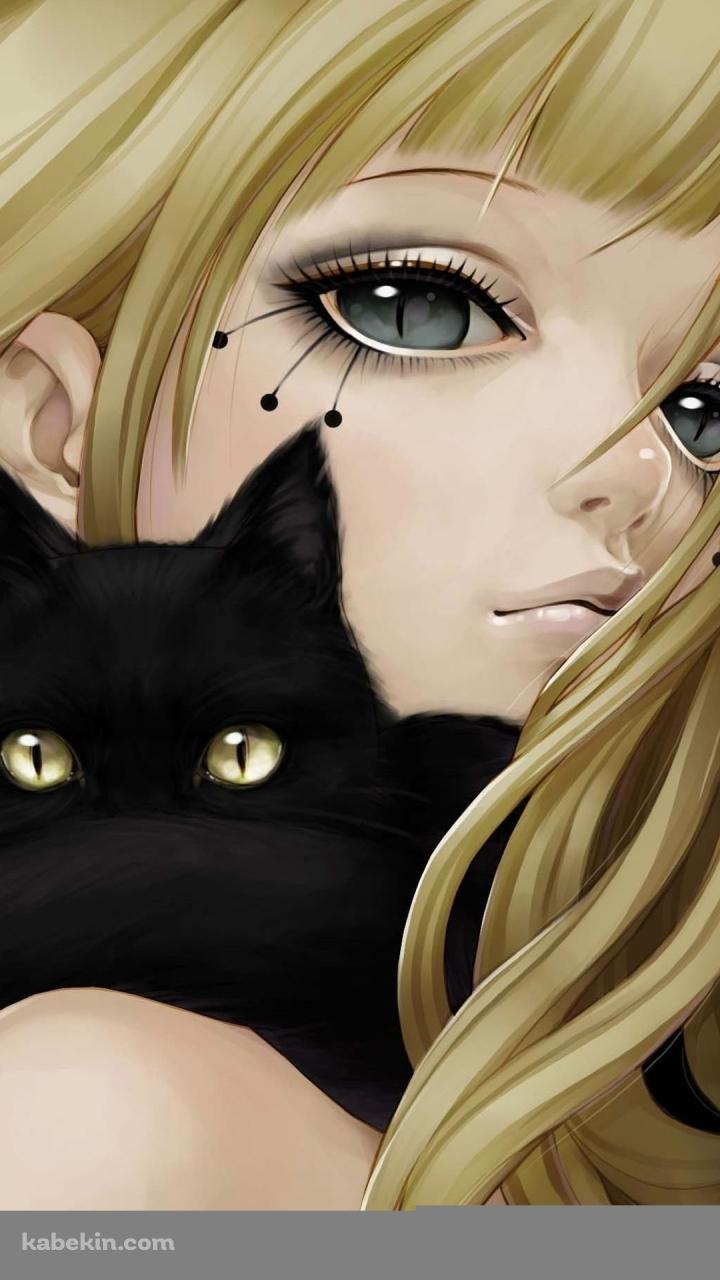 黒猫とブロンドの少女のAndroidの壁紙(720px x 1280px) スマホ用