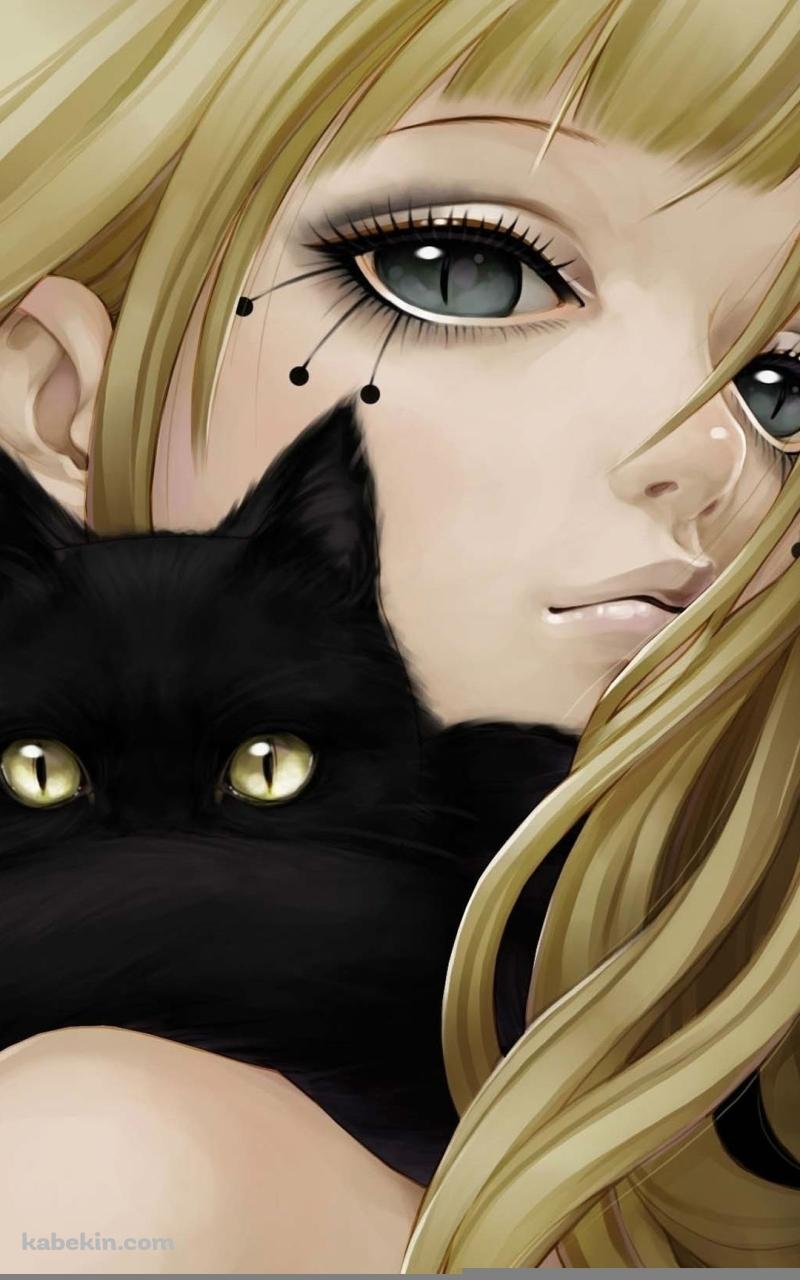 黒猫とブロンドの少女のAndroidの壁紙(800px x 1280px) スマホ用