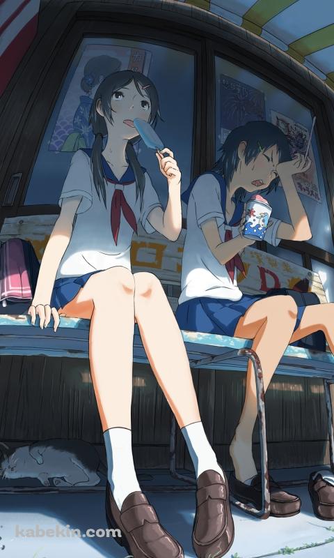 夏の猛暑 二人の女子高生のAndroidの壁紙(480px x 800px) スマホ用