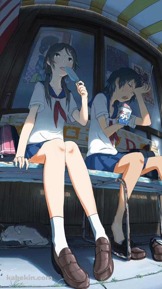 夏の猛暑 二人の女子高生のAndroidの壁紙(540px x 960px) スマホ用