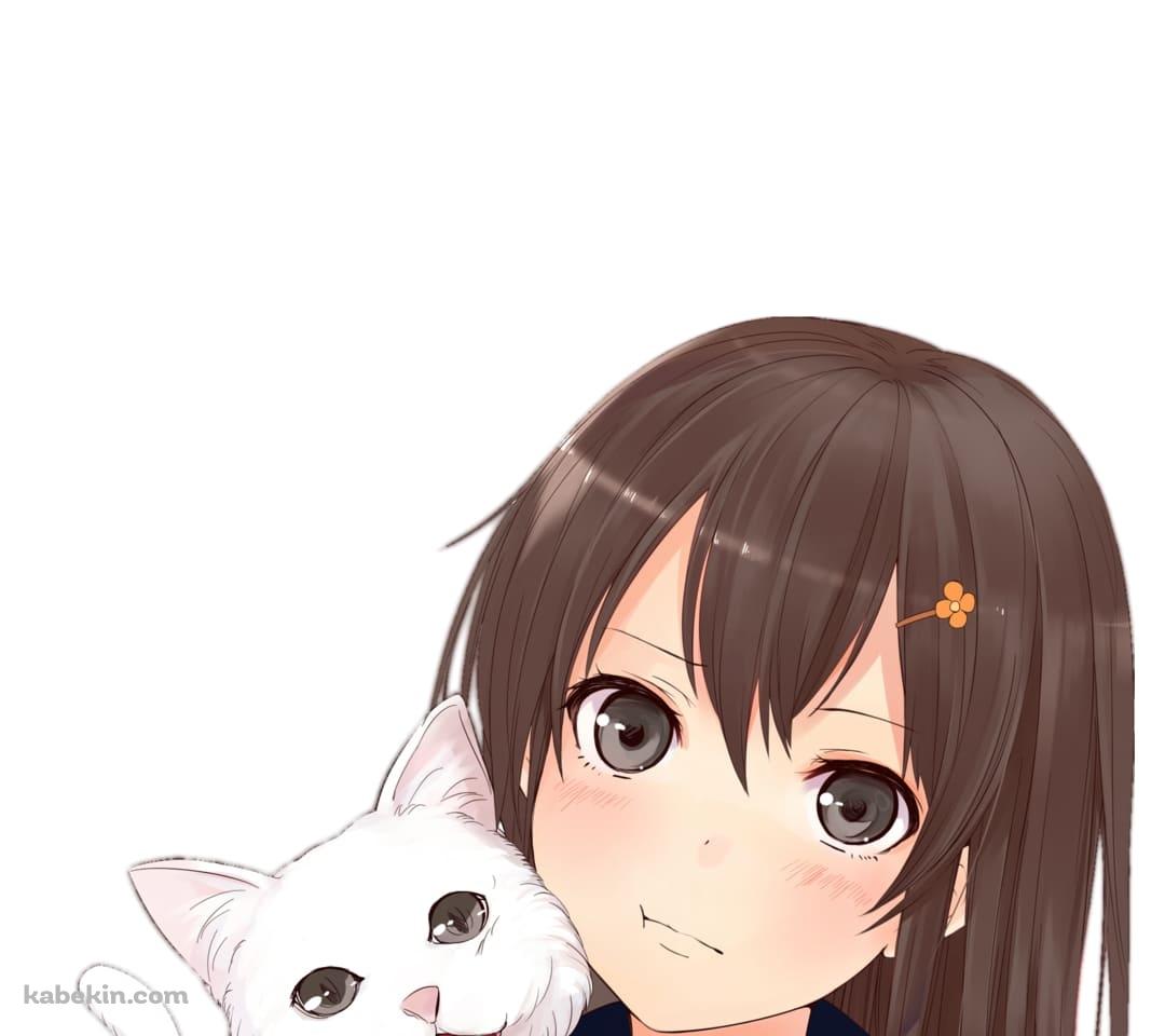 女子高生と白い猫のAndroidの壁紙(1080px x 960px) スマホ用