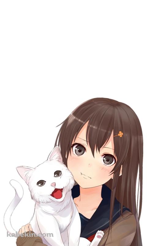 女子高生と白い猫のAndroidの壁紙(480px x 800px) スマホ用