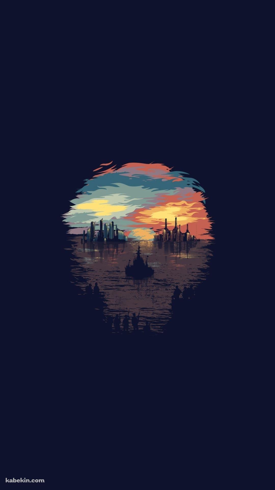 暗闇から覗く海と街並みのAndroidの壁紙(1080px x 1920px) スマホ用