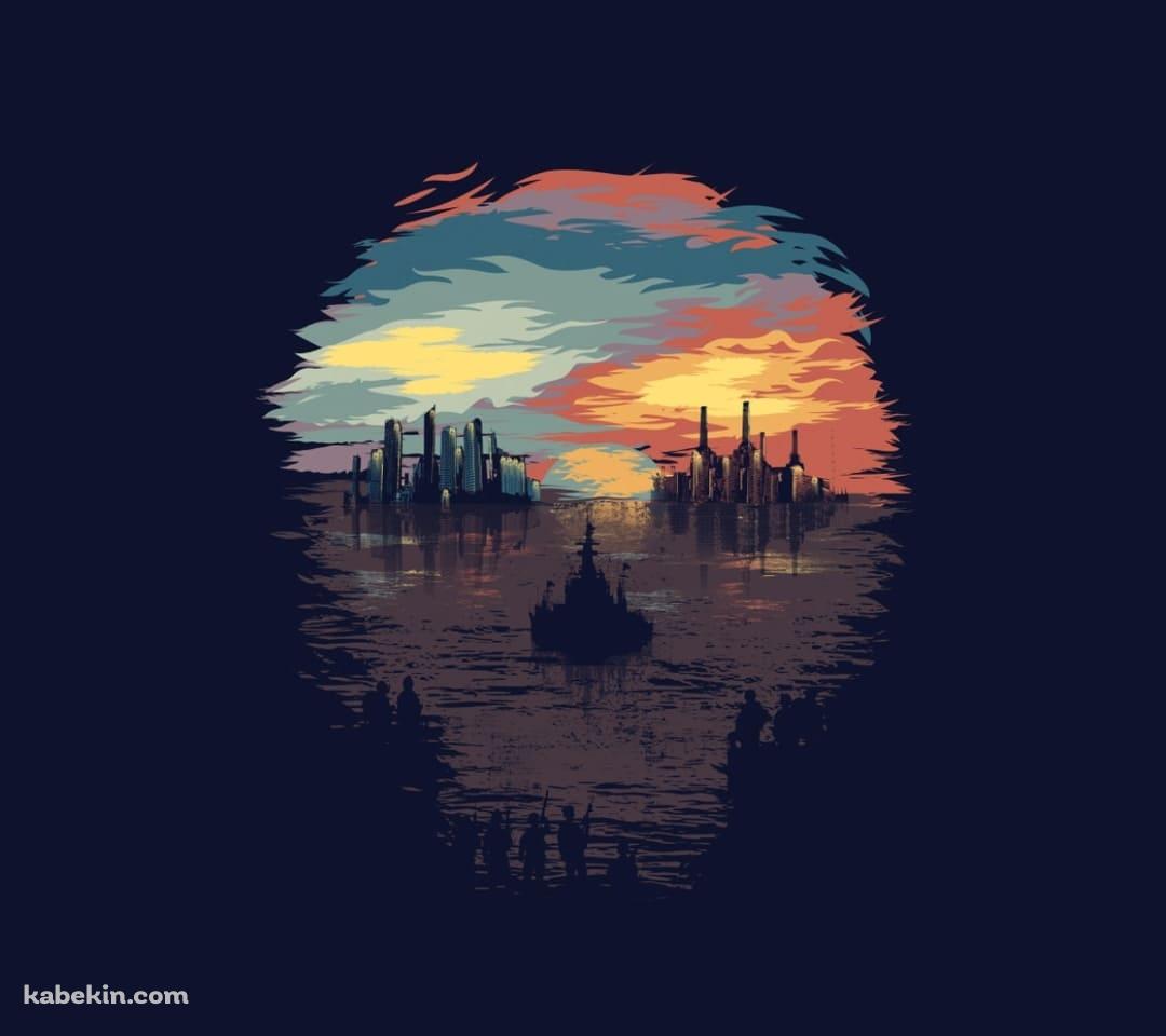 暗闇から覗く海と街並みのAndroidの壁紙(1080px x 960px) スマホ用