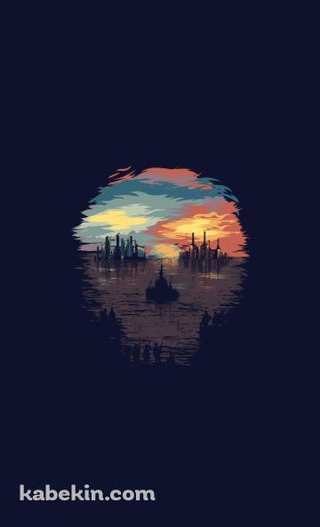 暗闇から覗く海と街並みのAndroidの壁紙(360px x 592px) スマホ用