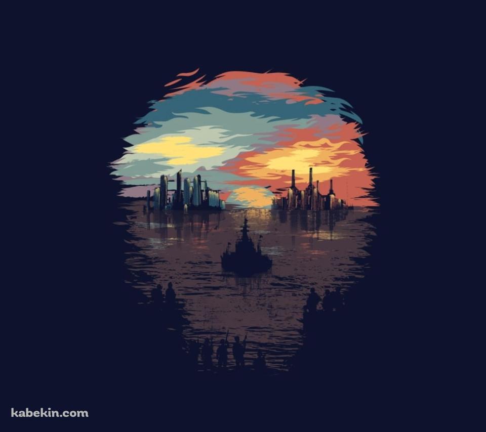 暗闇から覗く海と街並みのAndroidの壁紙(960px x 854px) スマホ用