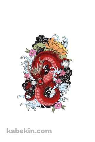 赤いドラゴンと波と花のAndroidの壁紙(320px x 480px) スマホ用