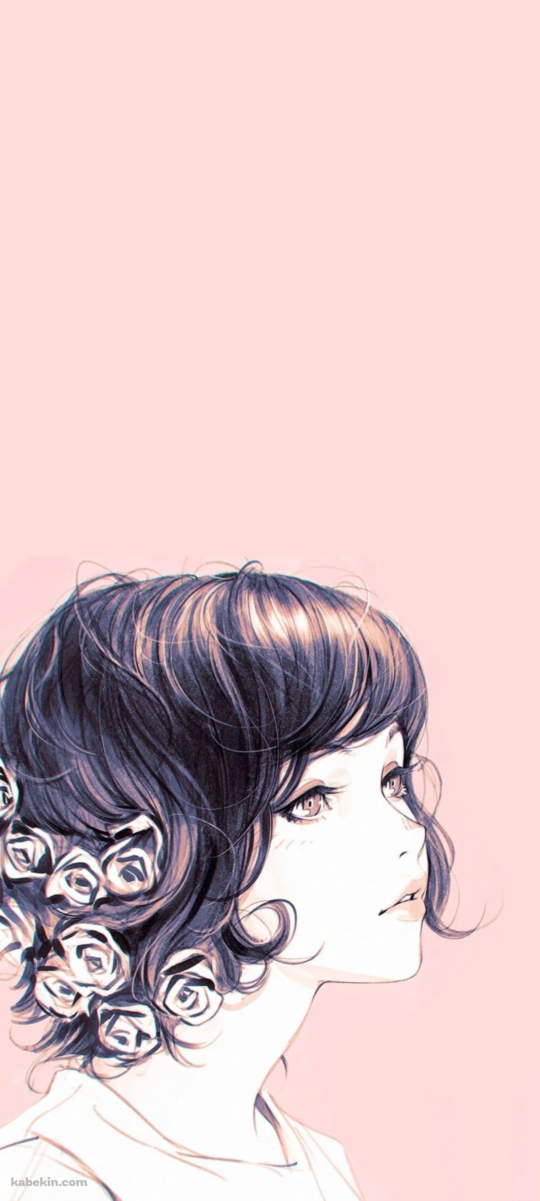 花飾りをつけた綺麗な女性のイラストのAndroidの壁紙(1080px x 2400px) スマホ用