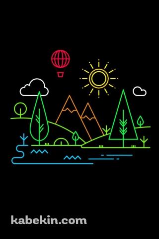 山 太陽 気球 ネオンのAndroidの壁紙(320px x 480px) スマホ用