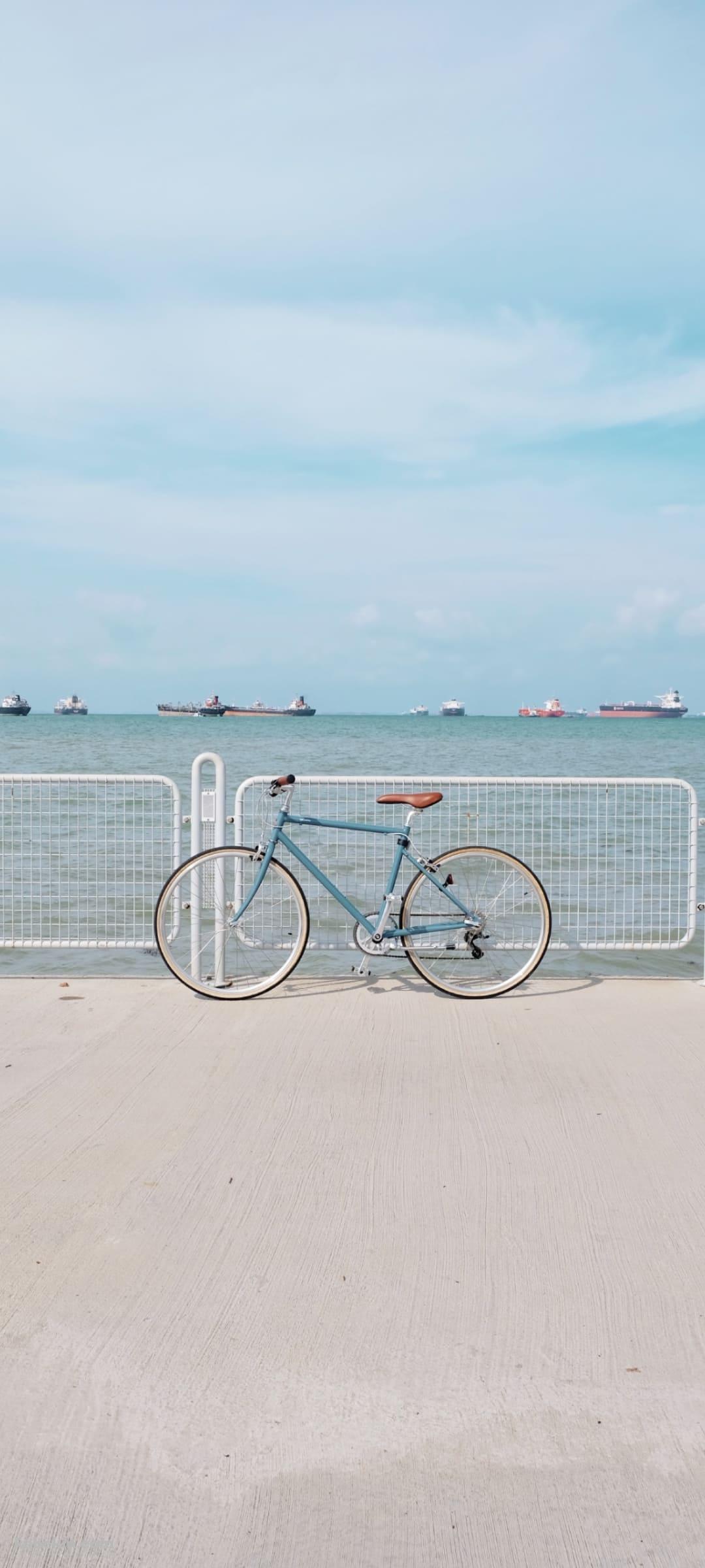 海と水色の自転車のAndroidの壁紙(1080px x 2400px) スマホ用