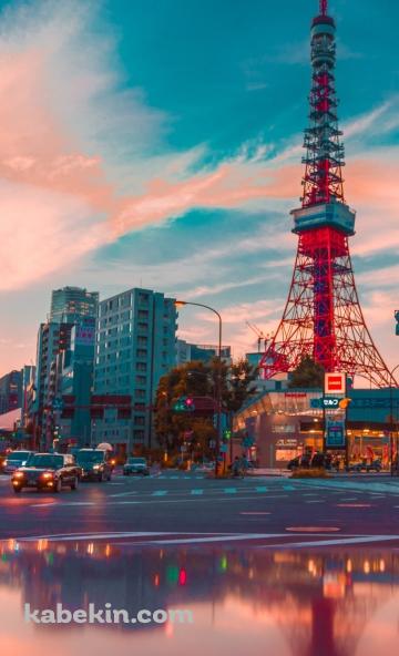 夕暮れ時の東京タワー 水たまり ビル 反射のAndroidの壁紙(360px x 592px) スマホ用