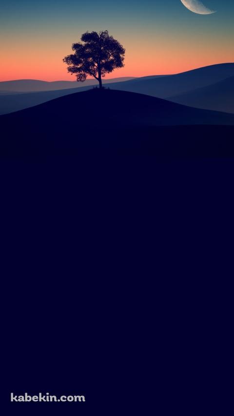 丘の上の大木と月のAndroidの壁紙(480px x 854px) スマホ用