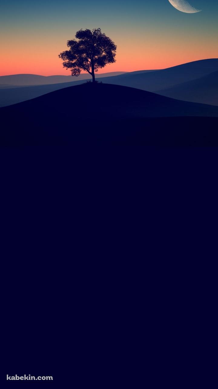 丘の上の大木と月のAndroidの壁紙(720px x 1280px) スマホ用