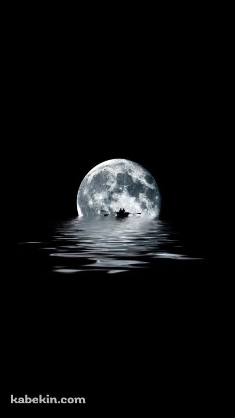 夜の海 満月 ボートを漕ぐカップルのAndroidの壁紙(480px x 854px) スマホ用