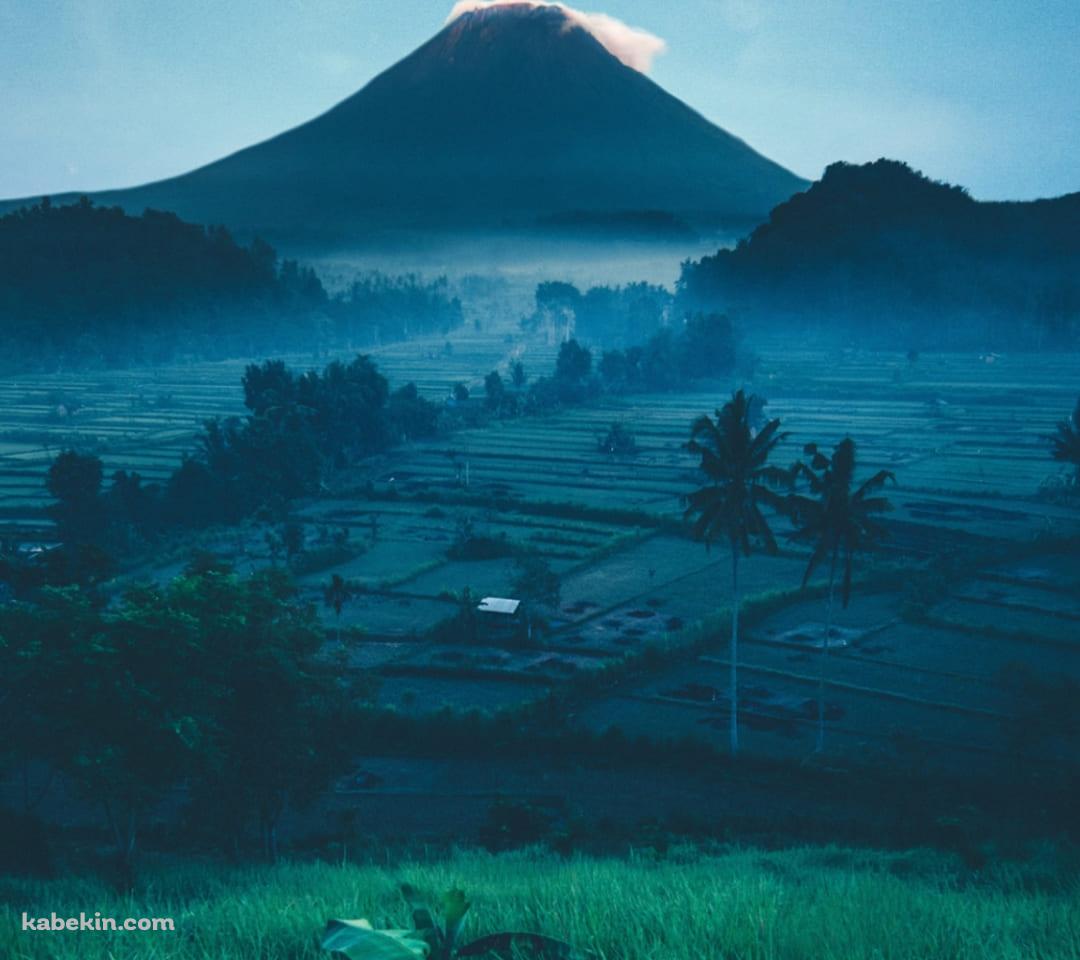 山と田園風景と三日月と夜空のAndroidの壁紙(1080px x 960px) スマホ用