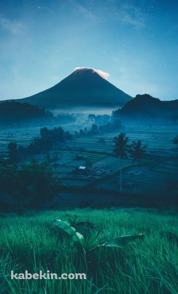山と田園風景と三日月と夜空のAndroidの壁紙(360px x 592px) スマホ用