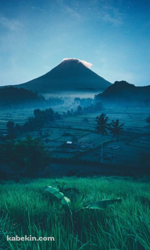 山と田園風景と三日月と夜空のAndroidの壁紙(480px x 800px) スマホ用