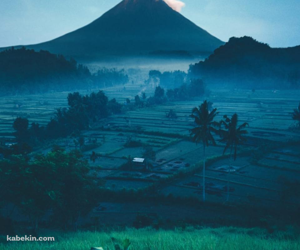 山と田園風景と三日月と夜空のAndroidの壁紙(960px x 800px) スマホ用