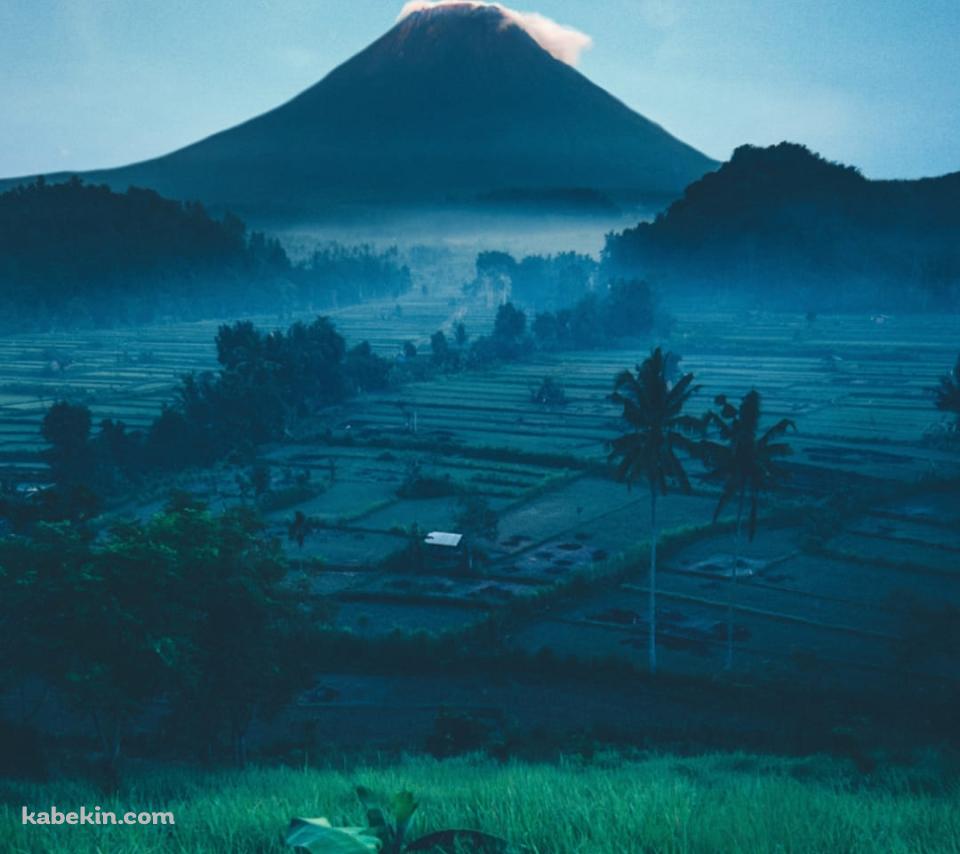 山と田園風景と三日月と夜空のAndroidの壁紙(960px x 854px) スマホ用