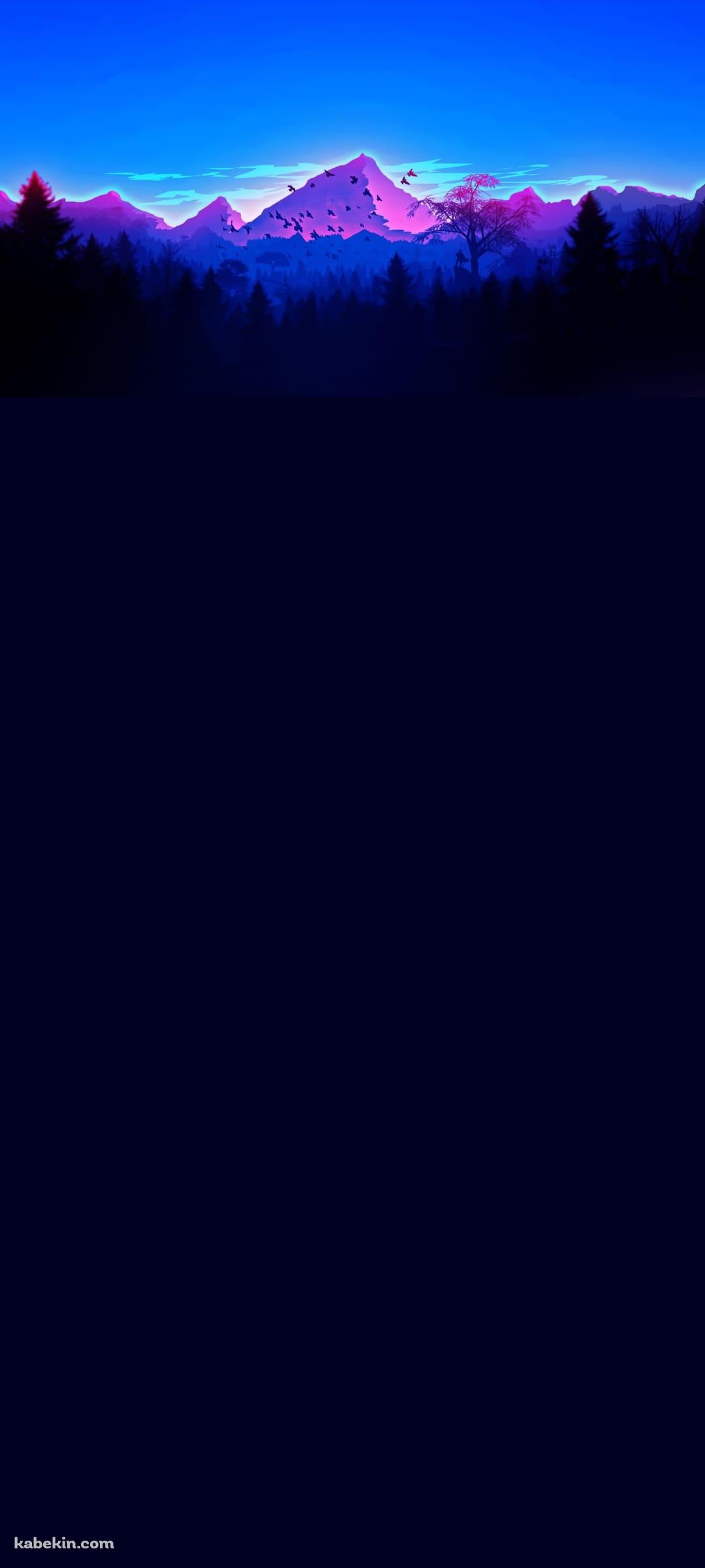 青みがかった山 鳥の群れのAndroidの壁紙(1080px x 2400px) スマホ用