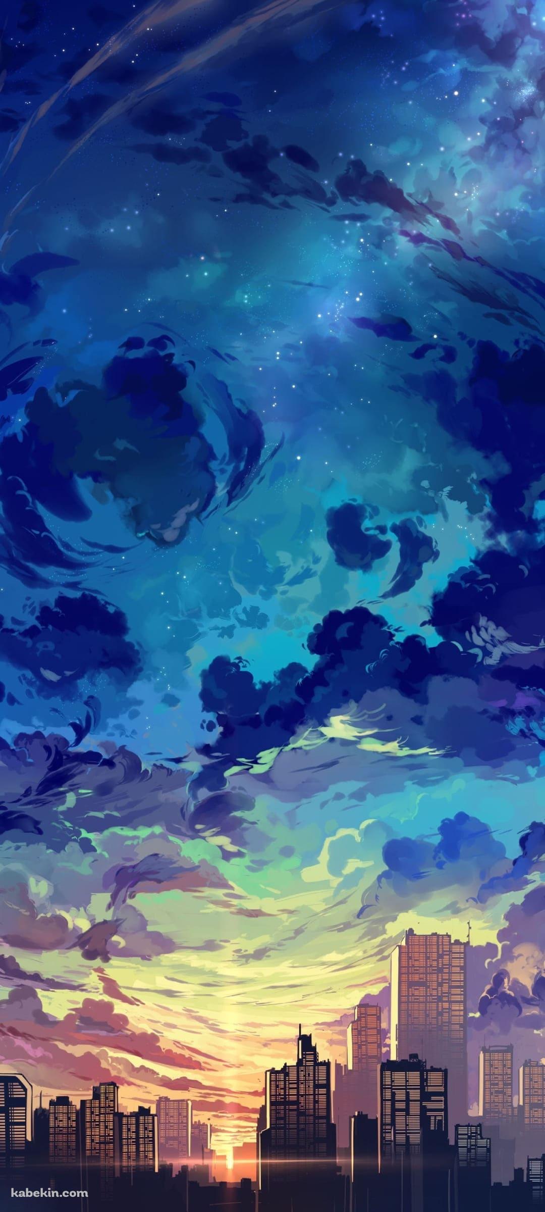 青い空と夕暮れの街並みのAndroidの壁紙(1080px x 2400px) スマホ用