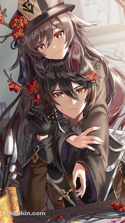 かわいい胡桃(フータオ)と鍾離(しょうり) / 原神のAndroidの壁紙(480px x 854px) スマホ用