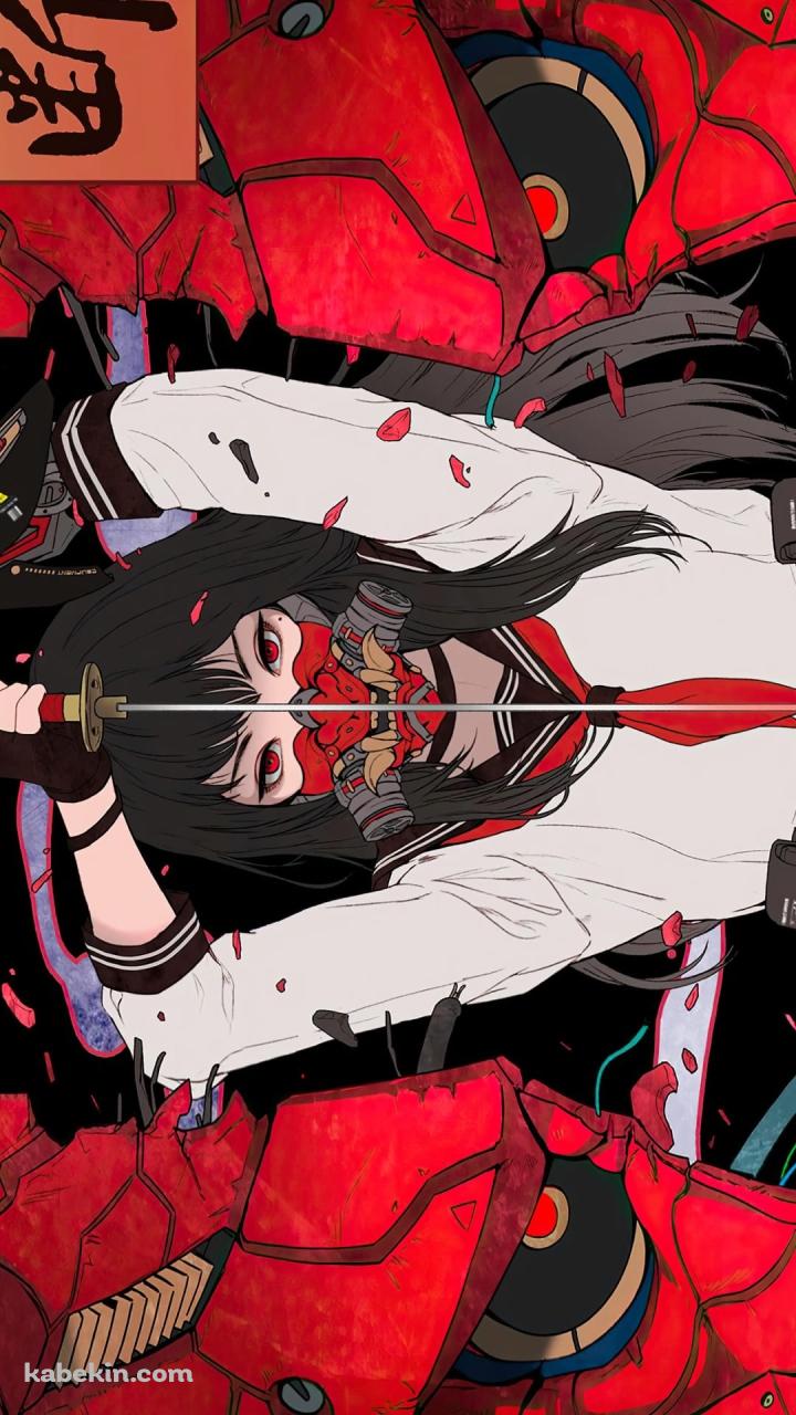 侍 / 両断 / 鬼 / 女子高生 / JK / かっこいい / 瞳が赤い少女のAndroidの壁紙(720px x 1280px) スマホ用