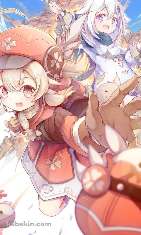 めちゃくちゃかわいいパイモンとクレー / 原神インパクトのAndroidの壁紙(480px x 800px) スマホ用