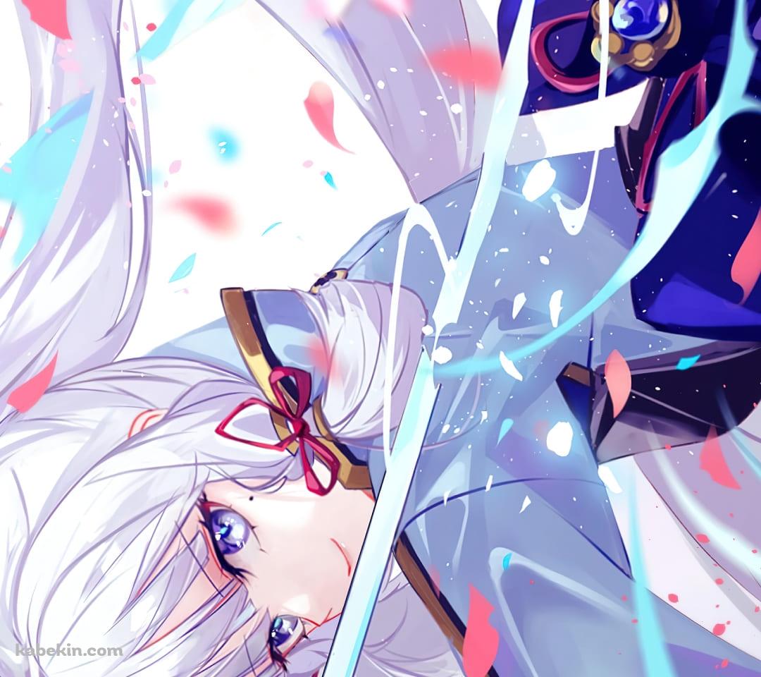 桜舞い散る剣を構えるかっこいい神里綾華 / 原神のAndroidの壁紙(1080px x 960px) スマホ用