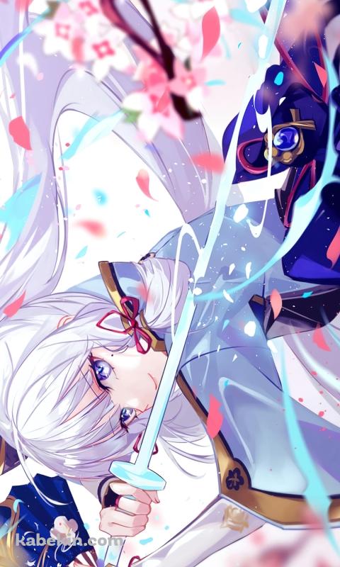 桜舞い散る剣を構えるかっこいい神里綾華 / 原神のAndroidの壁紙(480px x 800px) スマホ用