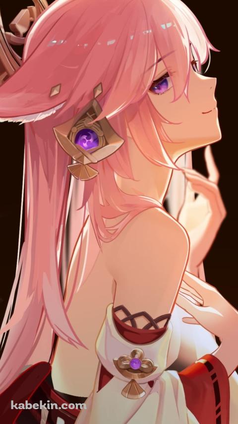 首元に手をあてる八重神子(やえみこ) / 原神 / ファンアートのAndroidの壁紙(480px x 854px) スマホ用