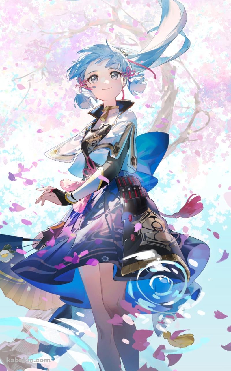 舞い散る桜の花びらと神里綾華 / かわいい / 原神のAndroidの壁紙(800px x 1280px) スマホ用