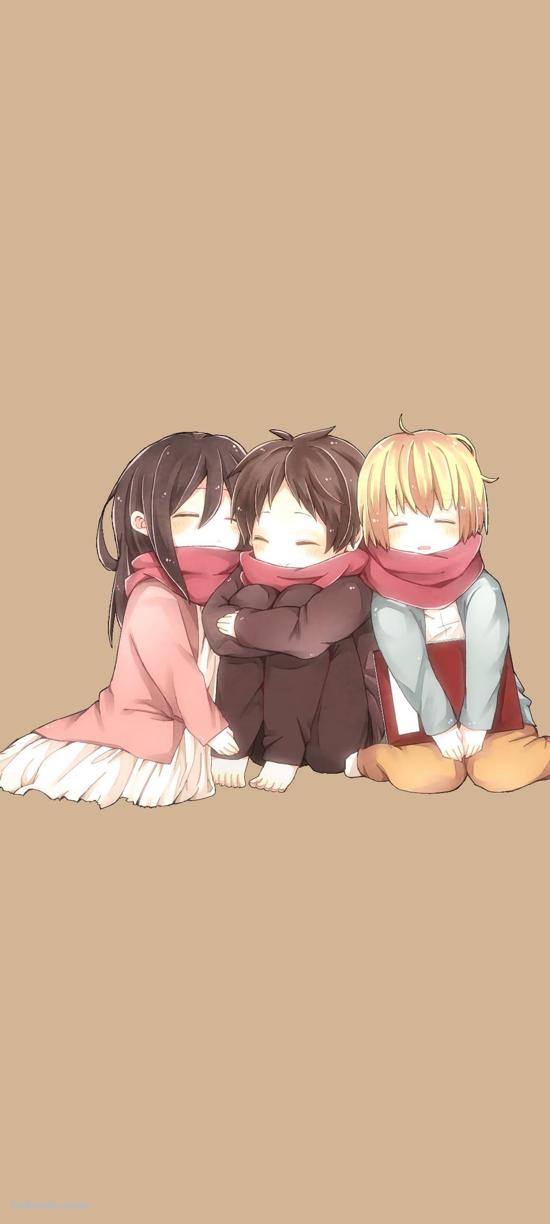 マフラーを共有するミカサ・アッカ―マン / エレン・イェーガー / アルミン・アルレルト / ほっこり / 進撃の巨人のAndroidの壁紙(1080px x 2400px) スマホ用