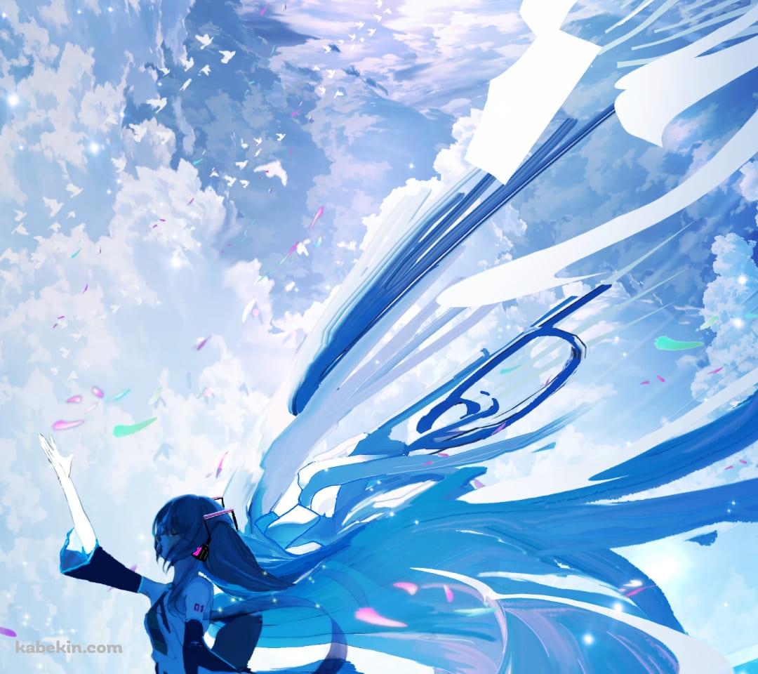 天に手をかざす初音ミク / ウユニ湖 / 月 / 空のAndroidの壁紙(1080px x 960px) スマホ用