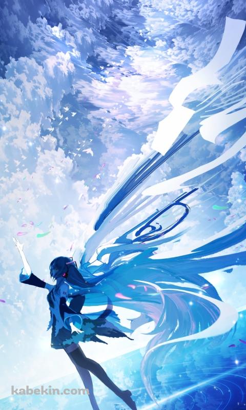 天に手をかざす初音ミク / ウユニ湖 / 月 / 空のAndroidの壁紙(480px x 800px) スマホ用