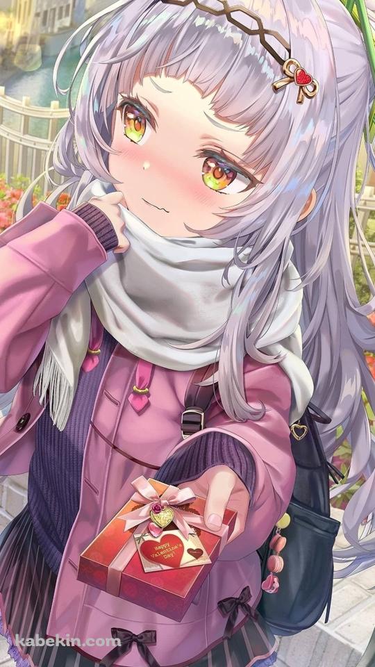 恥ずかしそうにバレンタインのチョコを渡すかわいい紫咲シオン / ファンアート / バーチャルYouTuber / ホロライブのAndroidの壁紙(540px x 960px) スマホ用