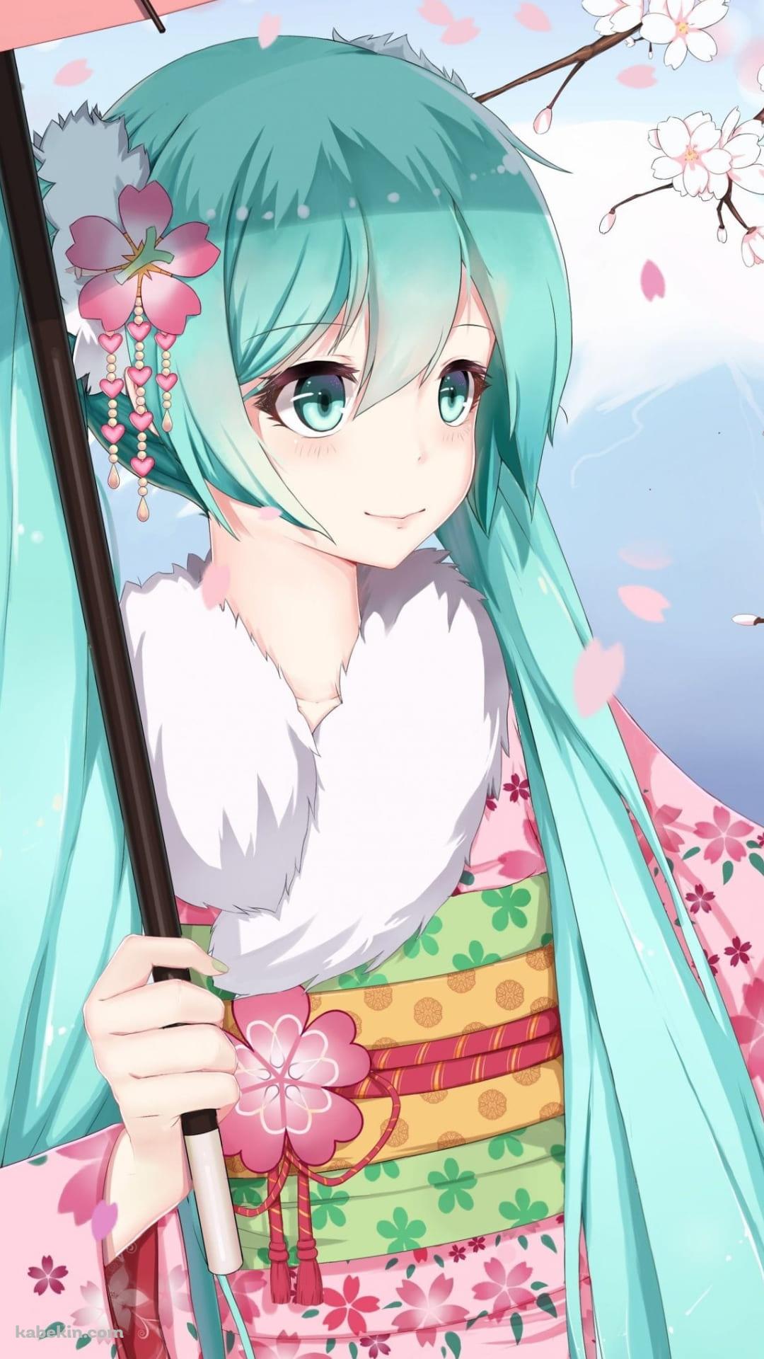 ピンクの着物を着た初音ミク / 桜 / 舞い散る花びら / 和傘のAndroidの壁紙(1080px x 1920px) スマホ用
