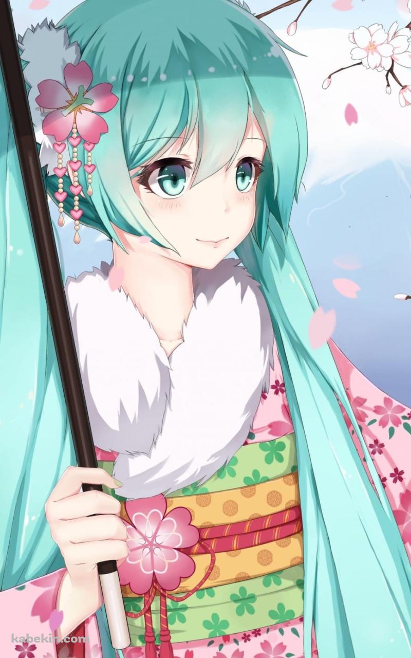 ピンクの着物を着た初音ミク / 桜 / 舞い散る花びら / 和傘のAndroidの壁紙(800px x 1280px) スマホ用
