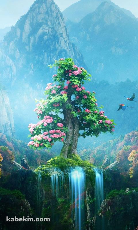 ピンクの花が咲く大木 / 流れ落ちる滝 / 空飛ぶオウムのAndroidの壁紙(480px x 800px) スマホ用