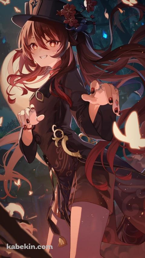 かわいい胡桃と光る蝶 / 原神のAndroidの壁紙(480px x 854px) スマホ用