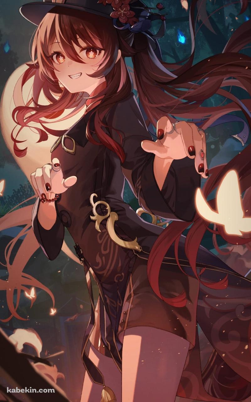 かわいい胡桃と光る蝶 / 原神のAndroidの壁紙(800px x 1280px) スマホ用