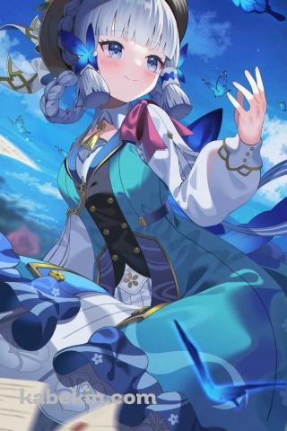 青い蝶と神里綾華 / 花時に訪れた手紙 / 原神 / ファンアート / イラストのAndroidの壁紙(320px x 480px) スマホ用