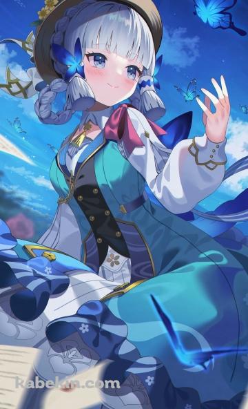 青い蝶と神里綾華 / 花時に訪れた手紙 / 原神 / ファンアート / イラストのAndroidの壁紙(360px x 592px) スマホ用