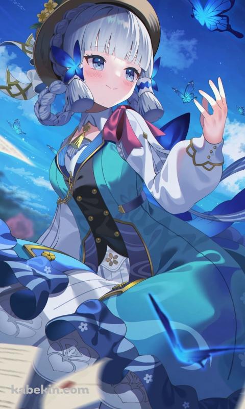 青い蝶と神里綾華 / 花時に訪れた手紙 / 原神 / ファンアート / イラストのAndroidの壁紙(480px x 800px) スマホ用