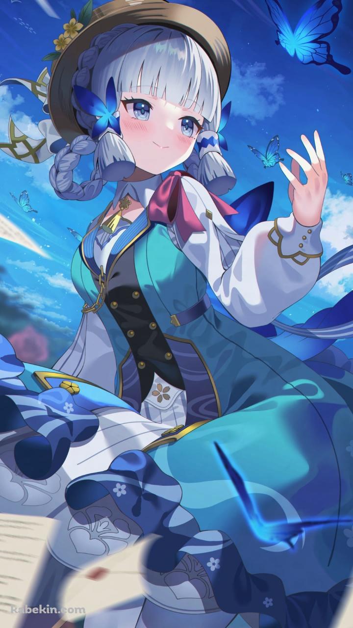 青い蝶と神里綾華 / 花時に訪れた手紙 / 原神 / ファンアート / イラストのAndroidの壁紙(720px x 1280px) スマホ用