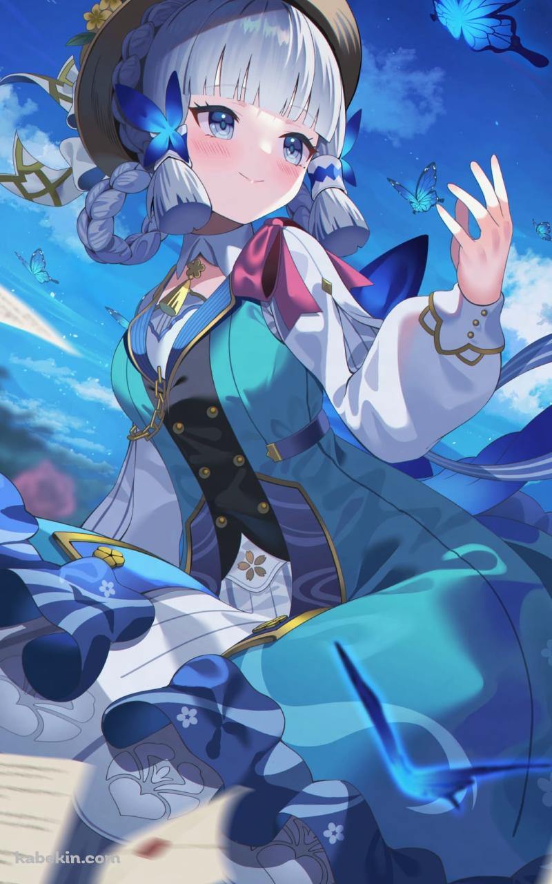 青い蝶と神里綾華 / 花時に訪れた手紙 / 原神 / ファンアート / イラストのAndroidの壁紙(800px x 1280px) スマホ用