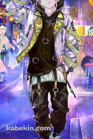 街中を闊歩する音柱・宇髄天元(うずいてんげん) / おしゃれな私服 / 鬼滅の刃 / ファンアート / イラストのAndroidの壁紙(320px x 480px) スマホ用