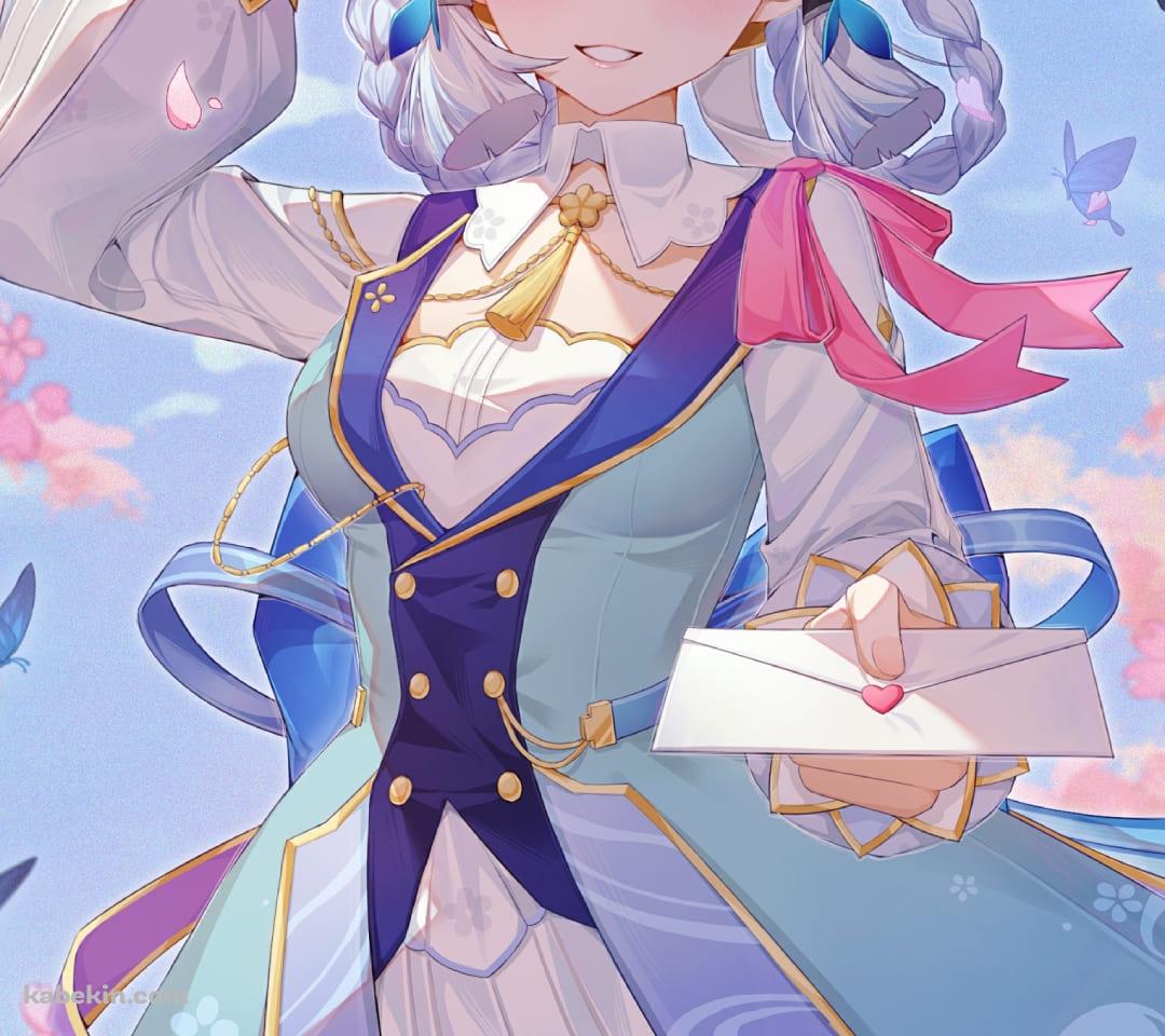 便箋を差し出す神里綾華 / 花時に訪れた手紙 / 桜 / 青い蝶 / 原神のAndroidの壁紙(1080px x 960px) スマホ用