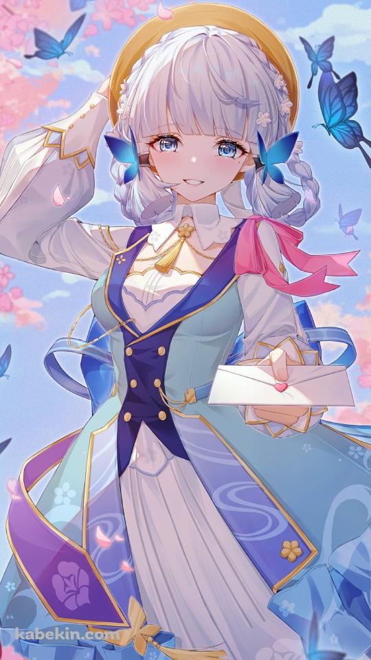 便箋を差し出す神里綾華 / 花時に訪れた手紙 / 桜 / 青い蝶 / 原神のAndroidの壁紙(540px x 960px) スマホ用